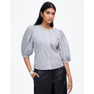 Madewell Puff-Sleeve Button-Up Top WMNS 6 Blue White Striped Crew Neck Oversized